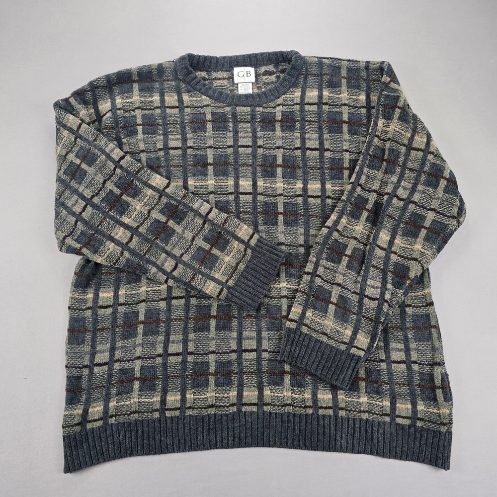 Geoffrey Beene Vintage Plaid Textured Knit Grey Sweater Mens - XL